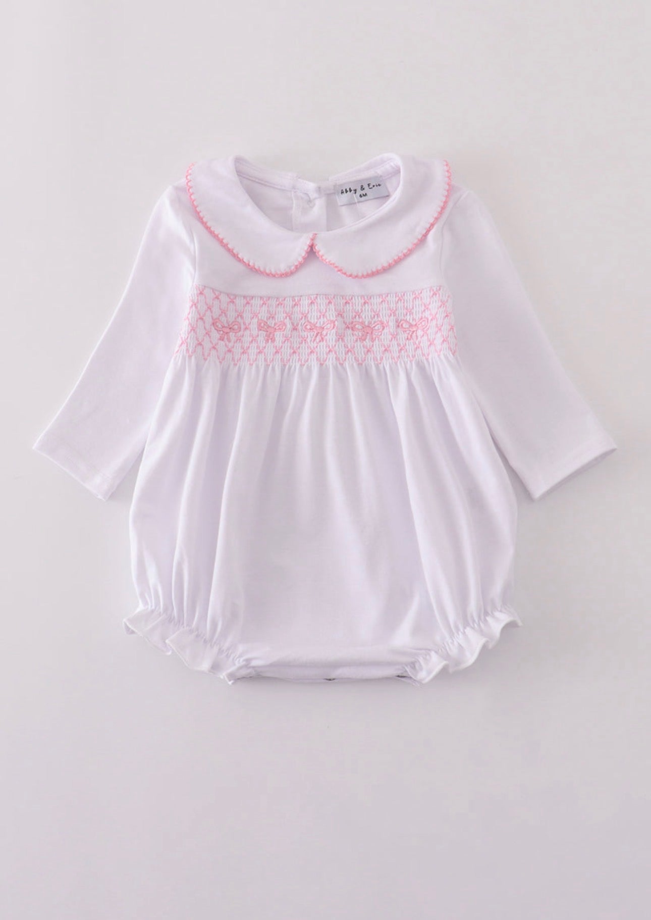 Smocked White Longsleeve Girl’s Bow Bubble