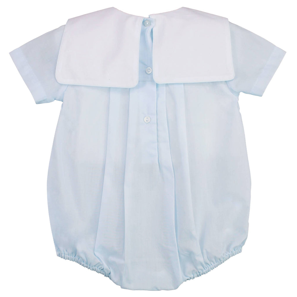 Boy’s Heirloom Romper with Train Embroidery in Blue