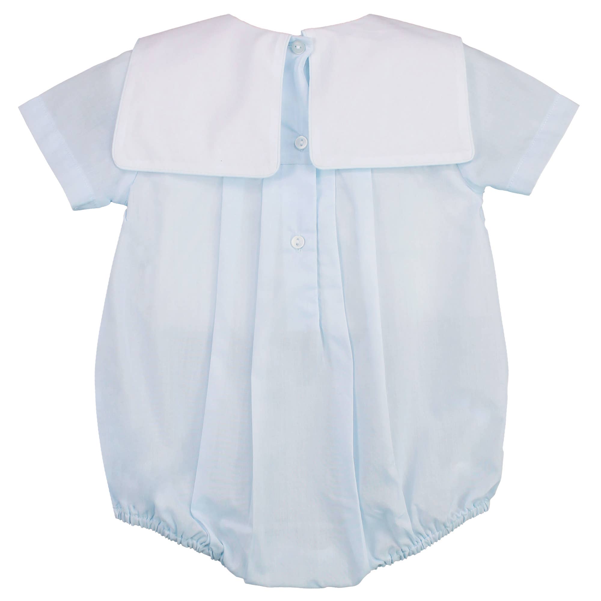 Boy’s Heirloom Romper with Train Embroidery in Blue