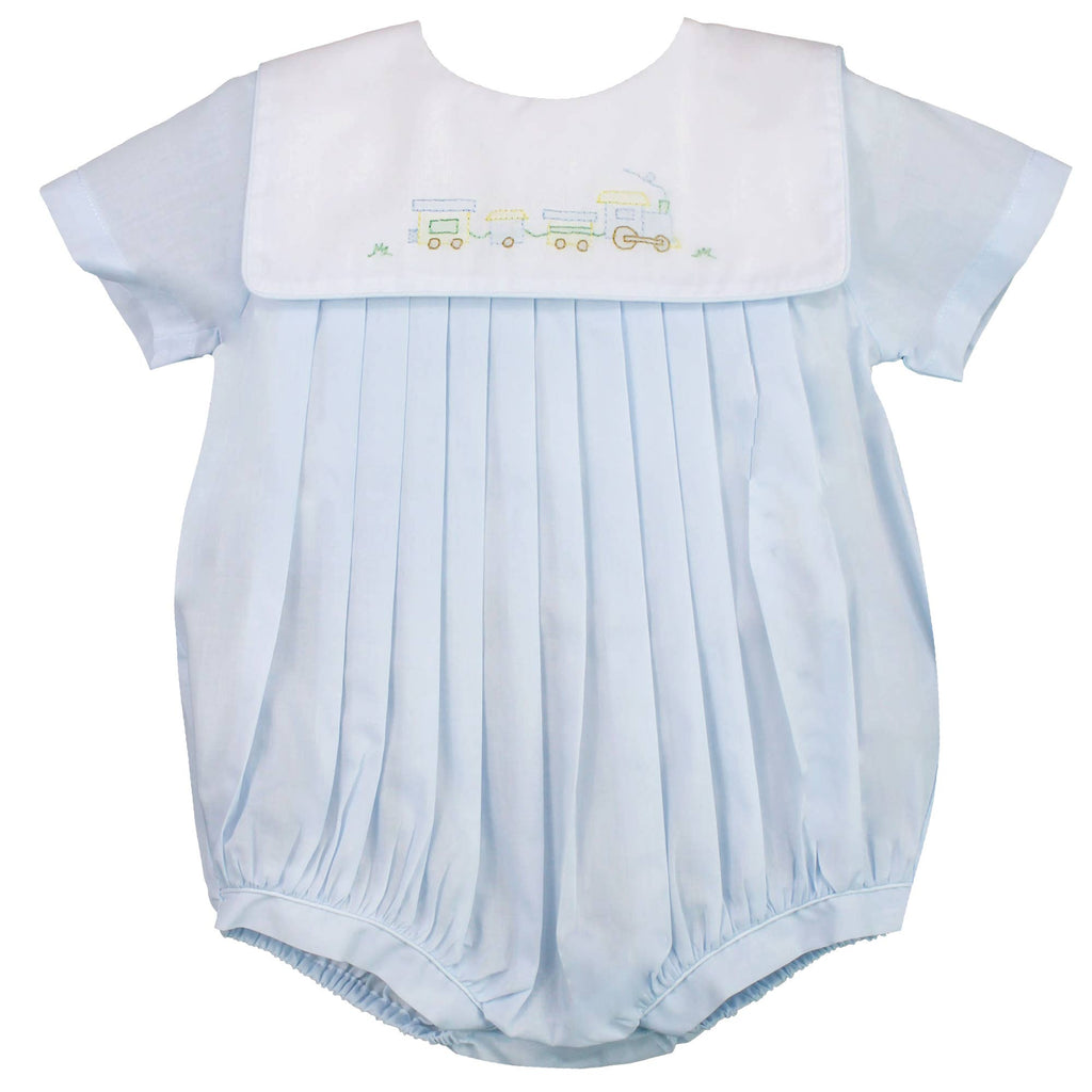 Boy’s Heirloom Romper with Train Embroidery in Blue