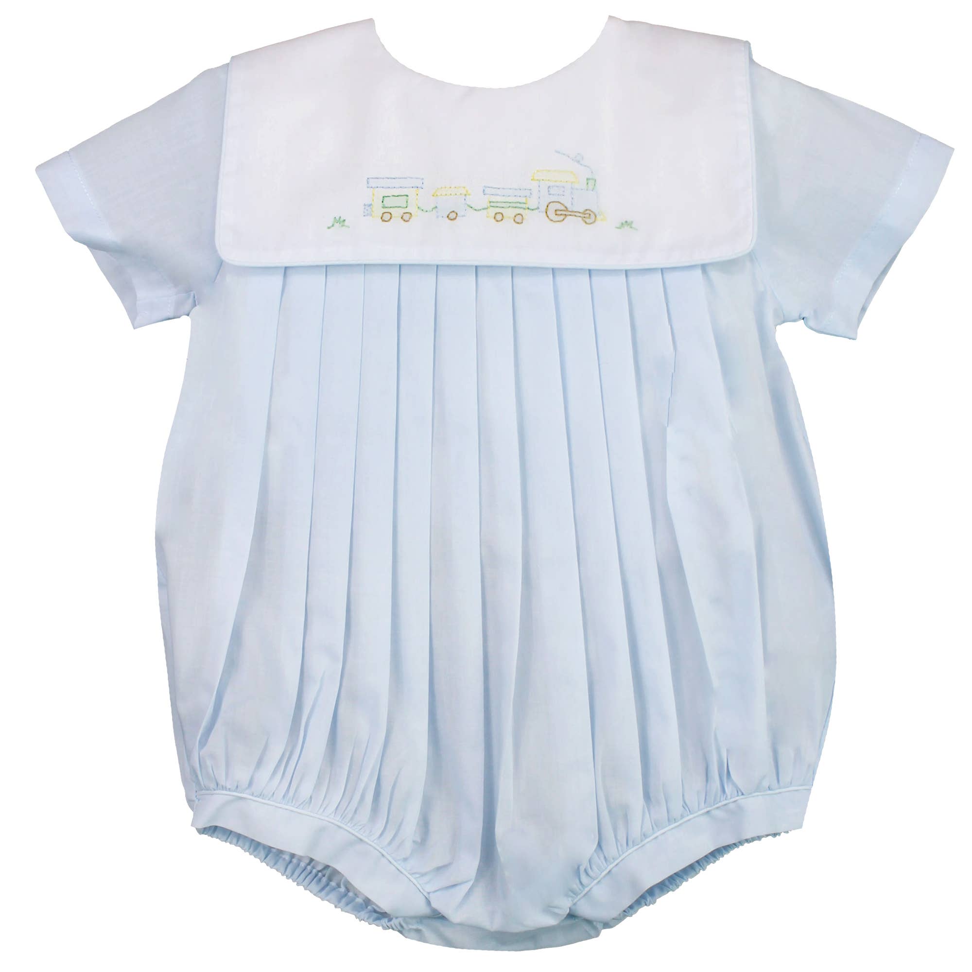 Boy’s Heirloom Romper with Train Embroidery in Blue