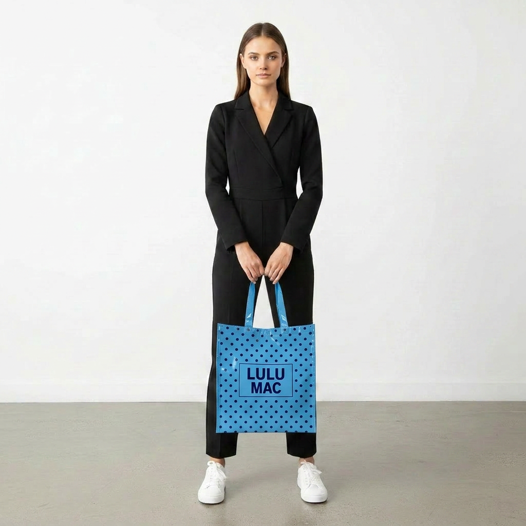 LM-BG-1004 REUSABLE TOTE-LT BLUE DARK BLUE DOTS Lulu Mac