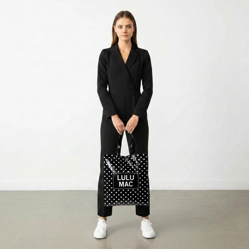 LM-BG-1004 REUSABLE TOTE-BLACK WHITE DOTS Lulu Mac