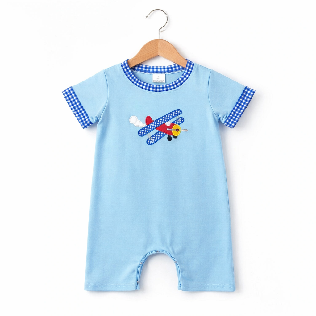 Boys Embroidered airplane romper bubble ￼