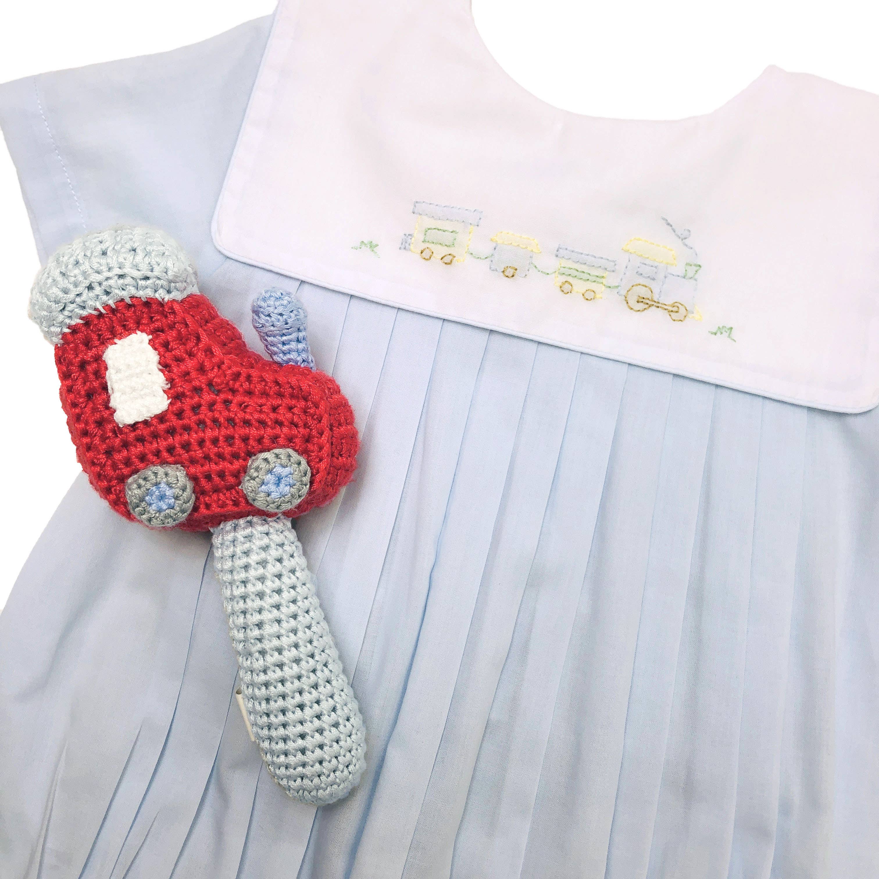 Boy’s Heirloom Romper with Train Embroidery in Blue