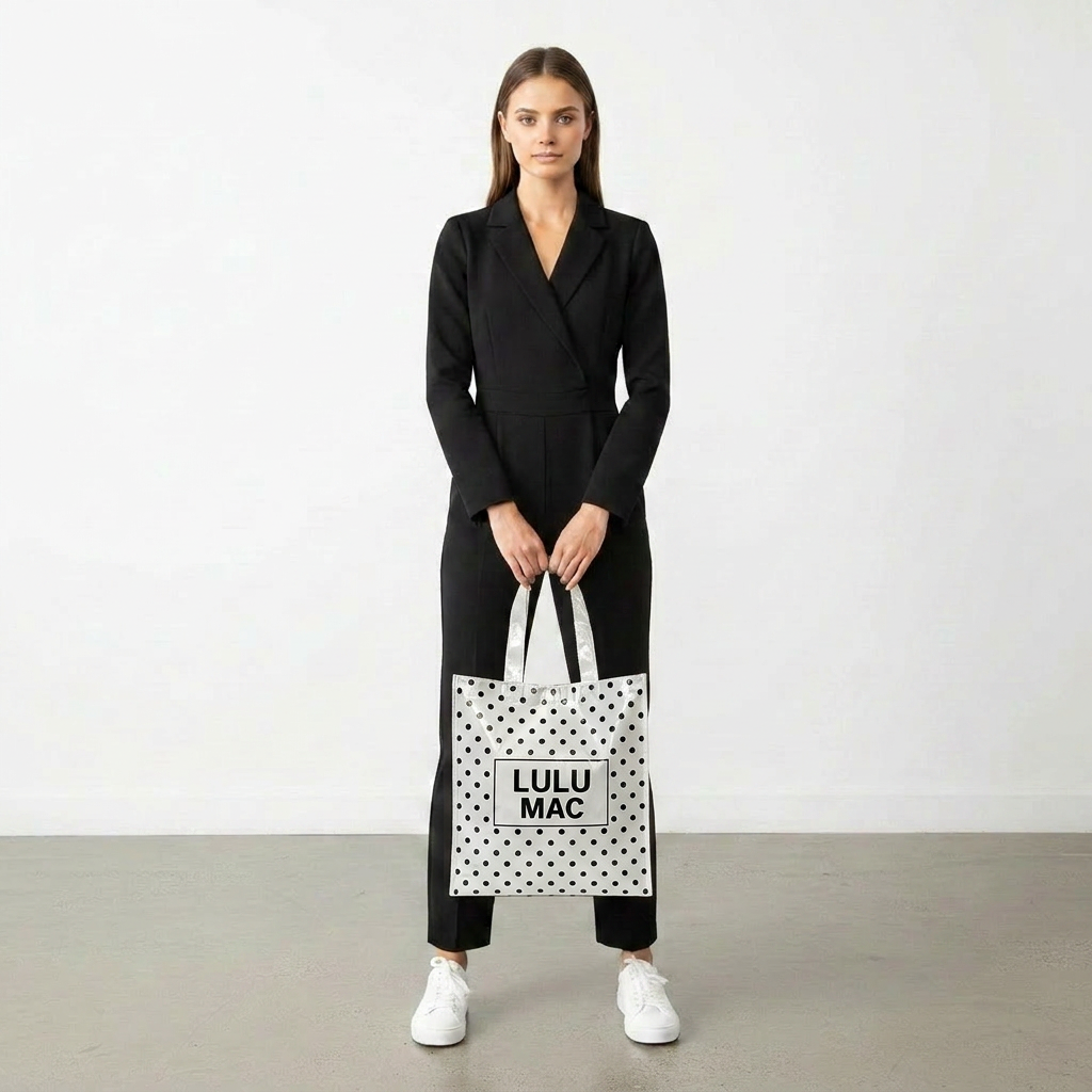 LM-BG-1004 REUSABLE TOTE-WHITE BLACK DOTS Lulu Mac