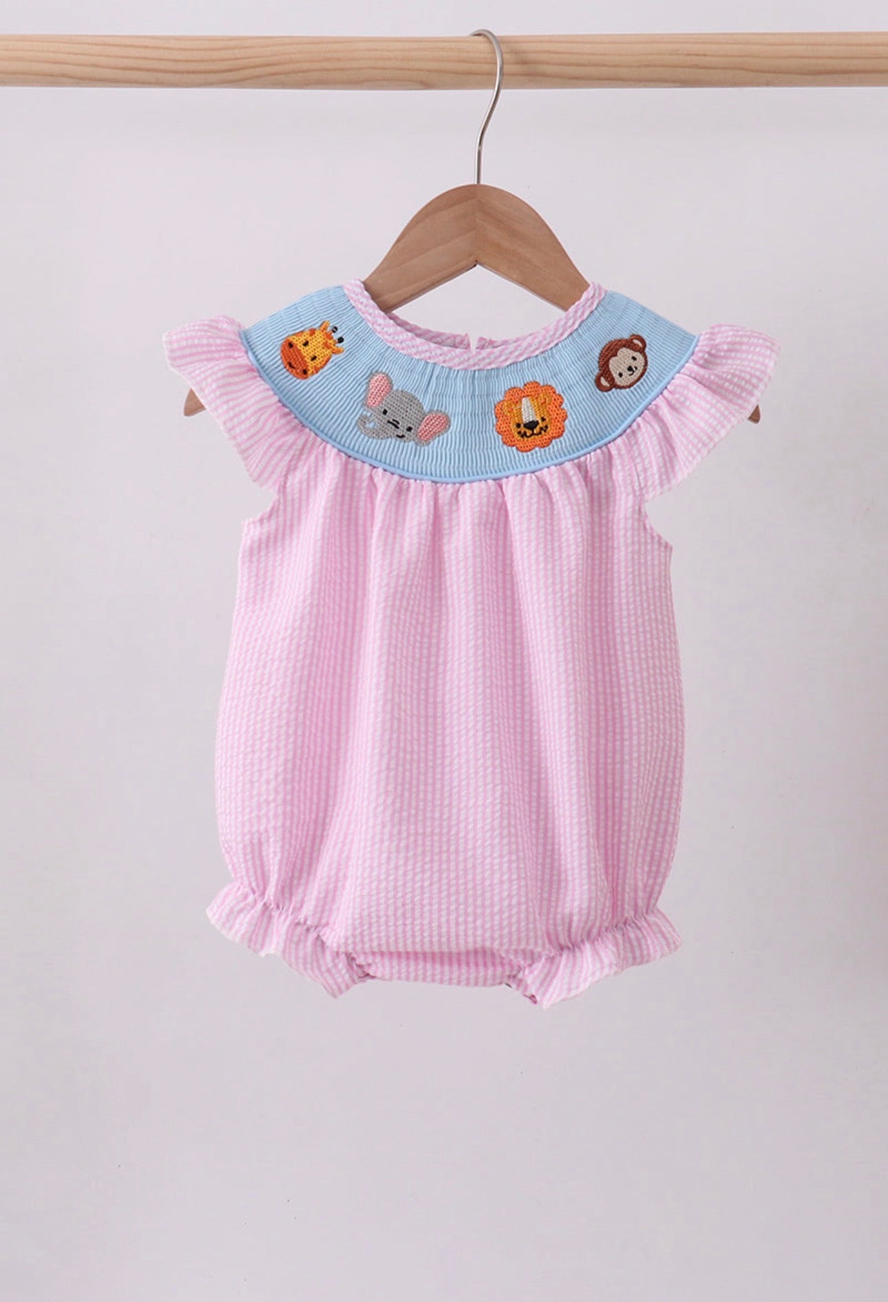 Girl’s smocked seersucker animal zoo bubble