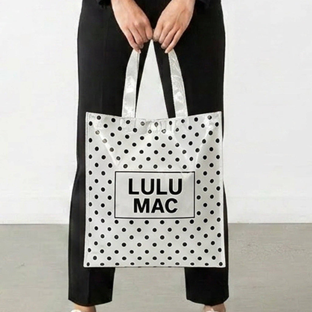 LM-BG-1004 REUSABLE TOTE-WHITE BLACK DOTS Lulu Mac