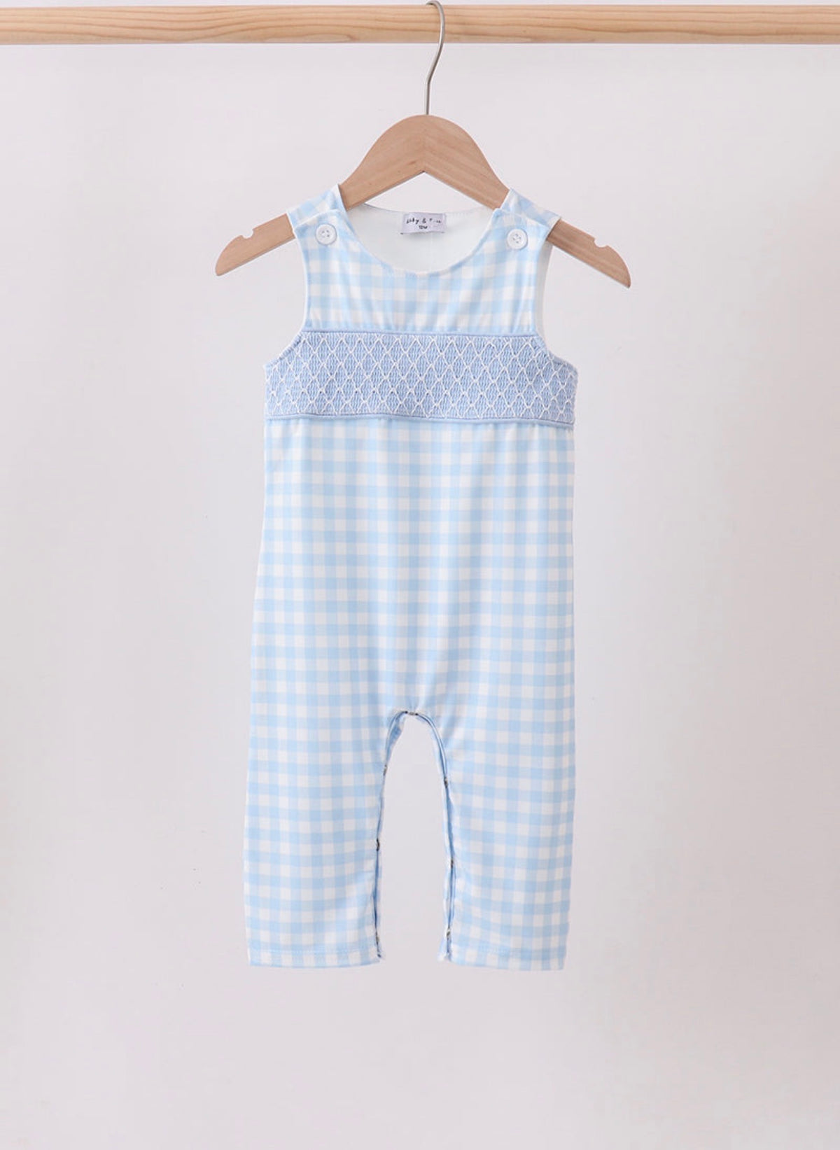 Blue smocked gingham Jon Jon romper boys ￼￼