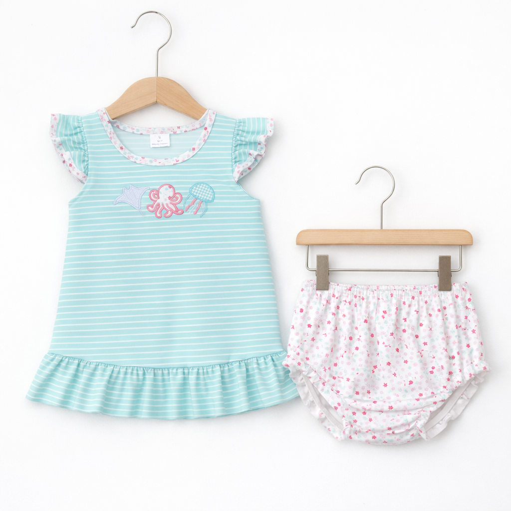 Girl’s striped summer bloomer set Octopus & Jellyfish