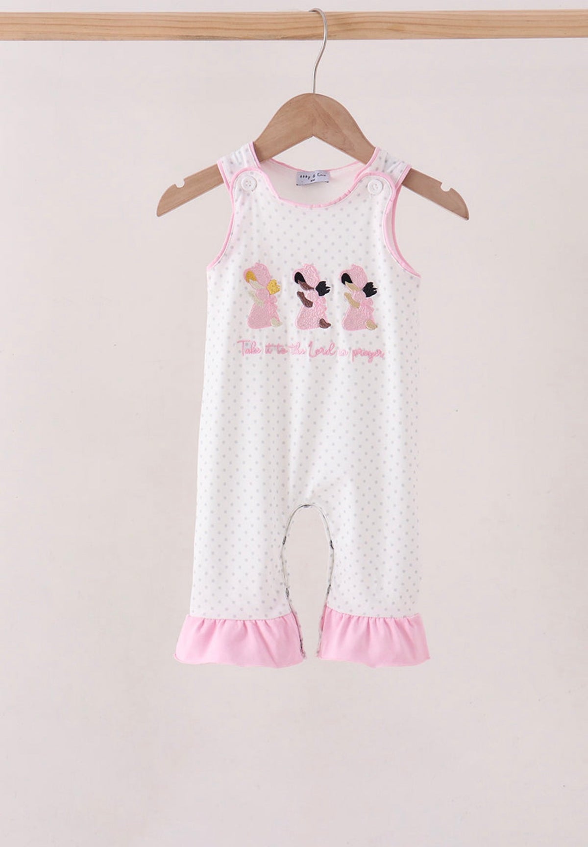 Pink prayer embroidery, ruffle, romper, girls, Christian
