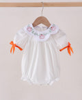 Orange, pumpkin bow embroidery bubble girls Halloween fall