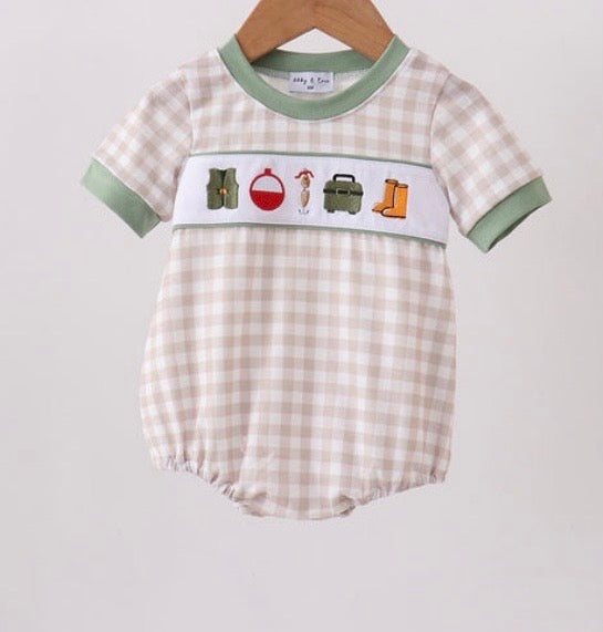 Boys, fishing hunting embroidery gingham, bubble ￼