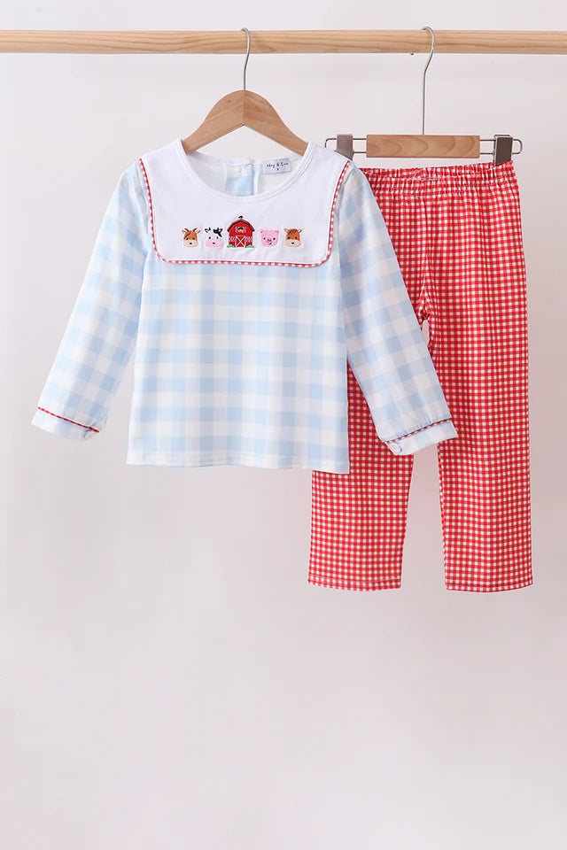 Blue Farm Embroidery Gingham Pants Set Boy