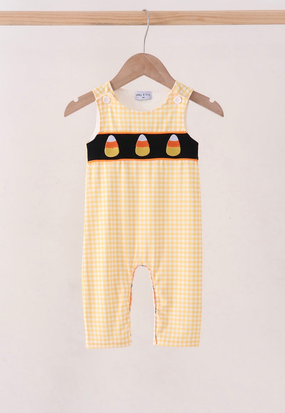 Candy corn embroidery gingham JONJON romper boys yellow