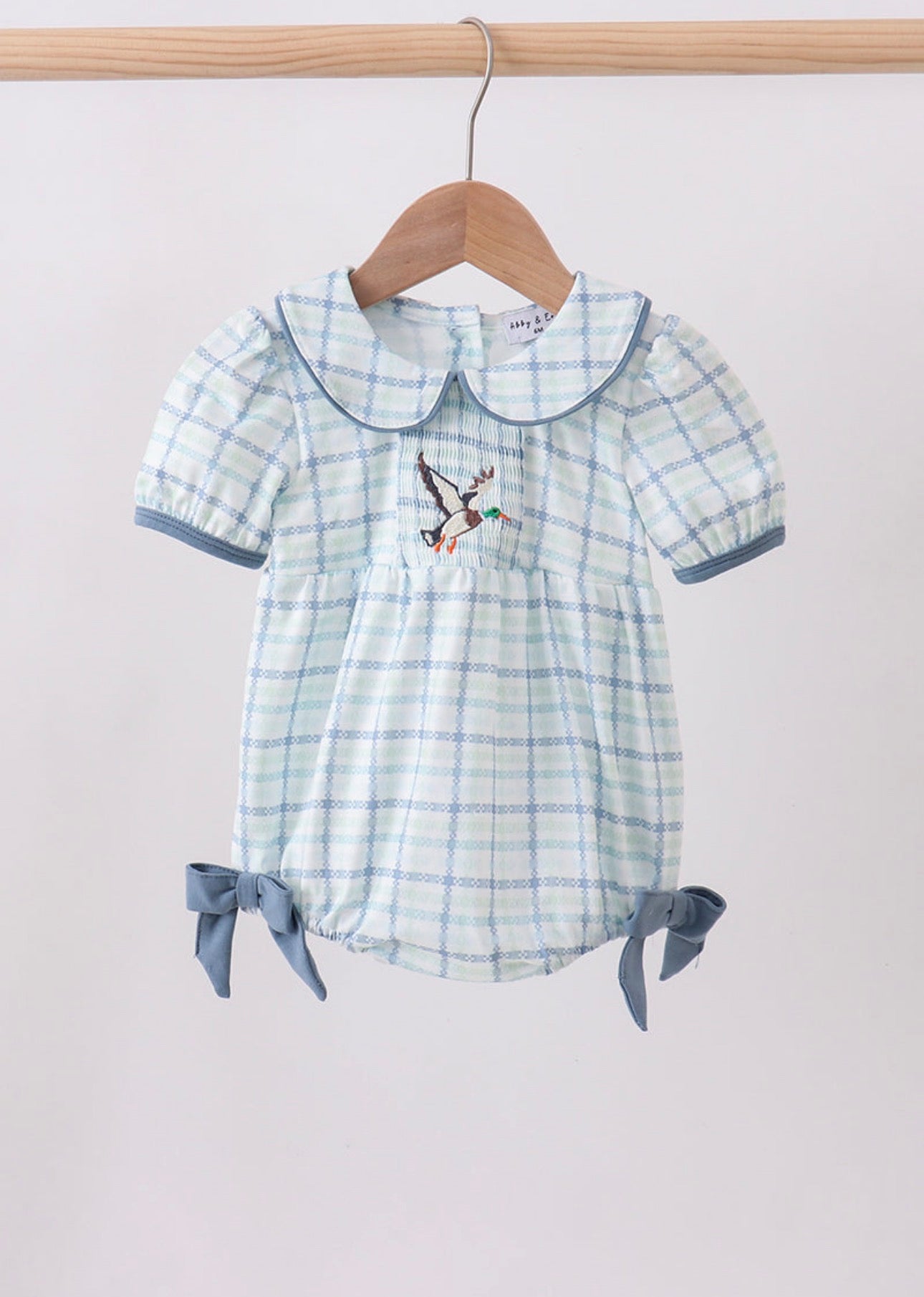 Girl’s Blue Plaid Duck Mallard Smocked Bubble