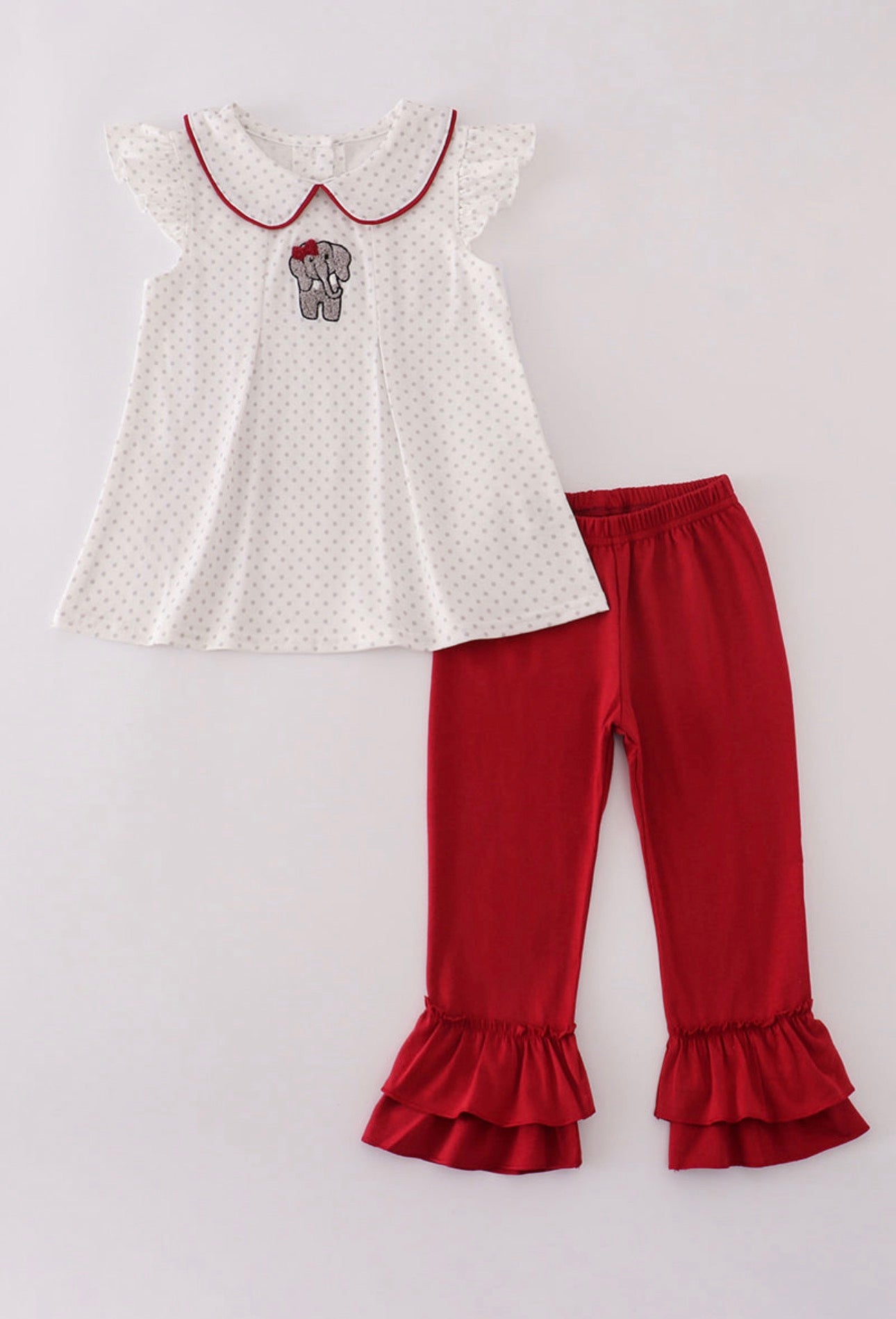 Alabama polka dot elephant
french knot ruffle pants set Girl’s