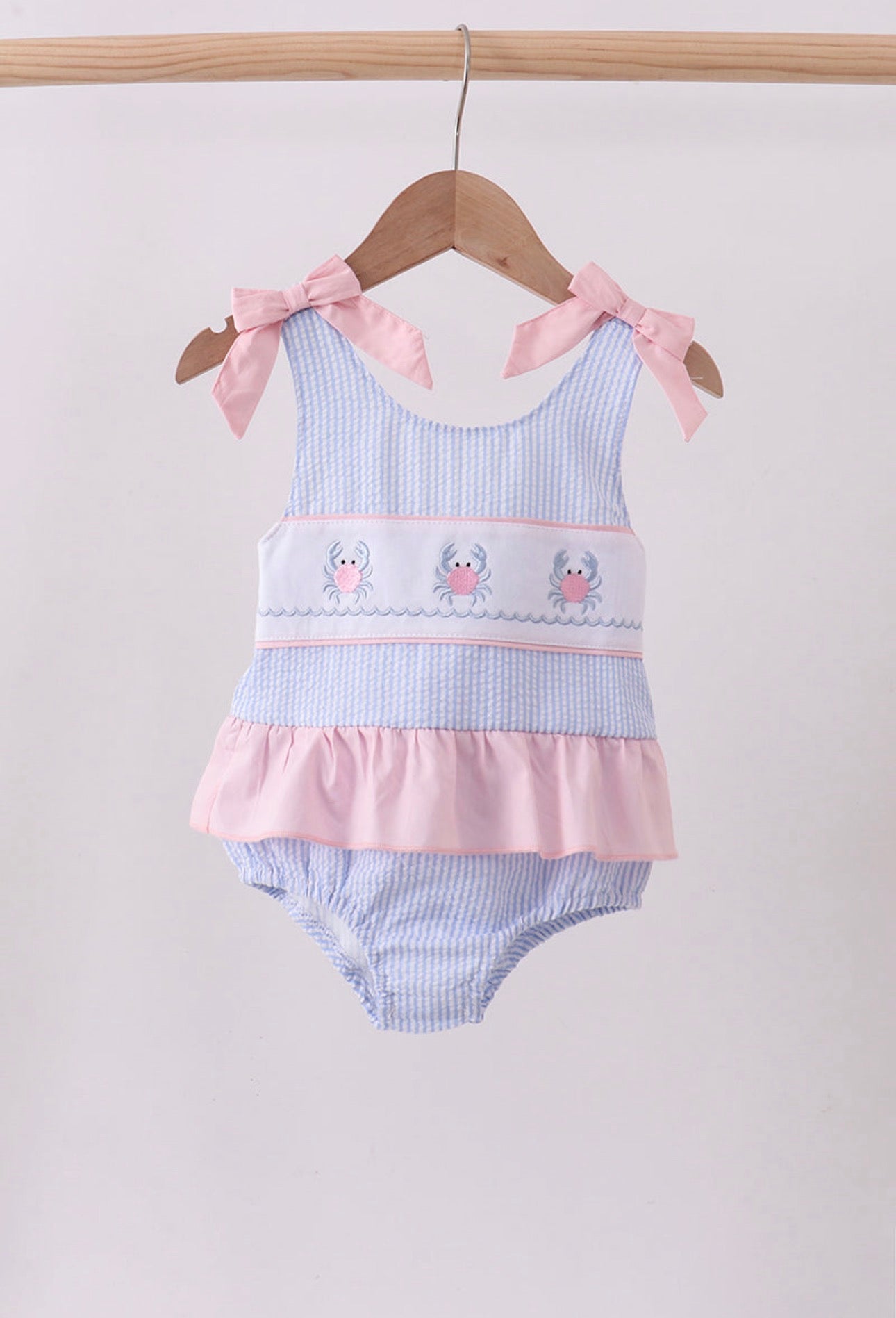 Girls seersucker crab swimsuit ￼