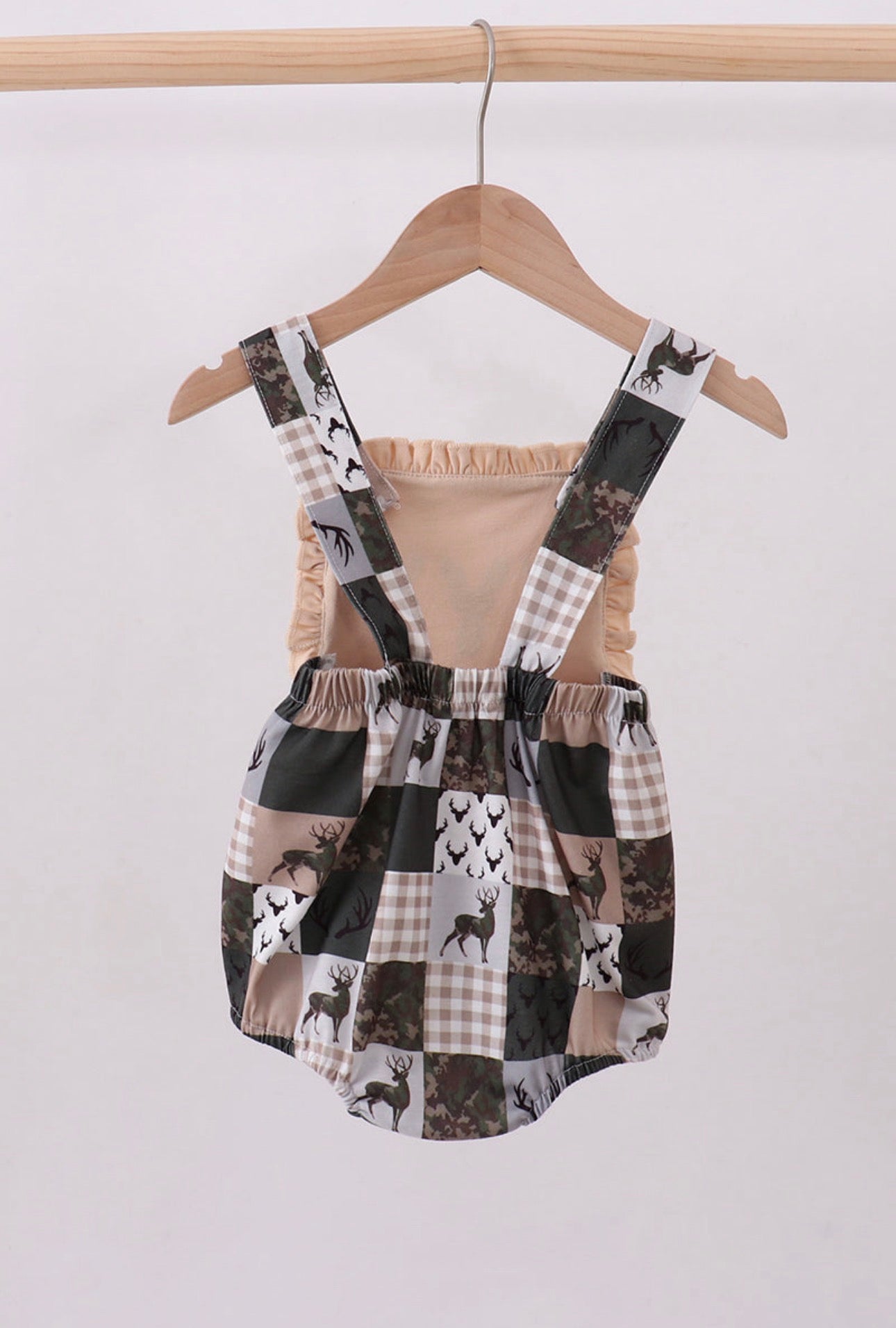 Green hunting deer embroidery checkered ruffle bubble Boy’s