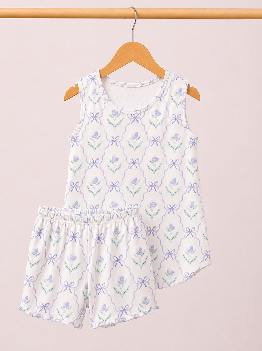 Girls white & Purple Floral 2pc Shorts Set