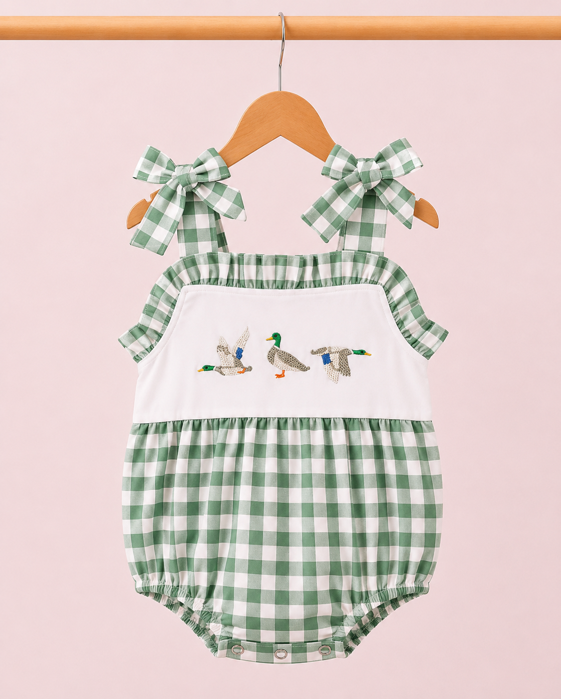 Girl’s Plaid Green Mallard Duck Tie Strap Bubble