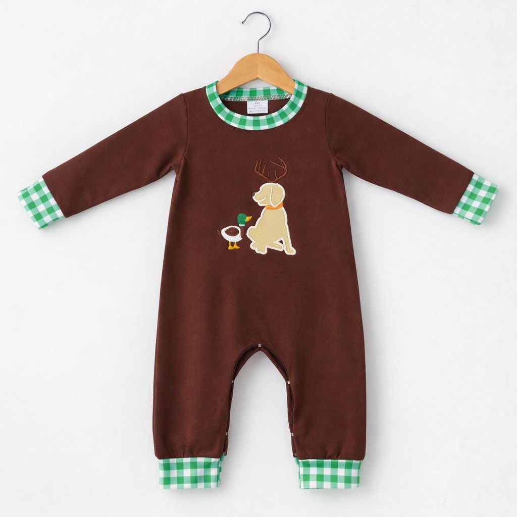 Boys mallard dog hunting Brown long sleeve romper