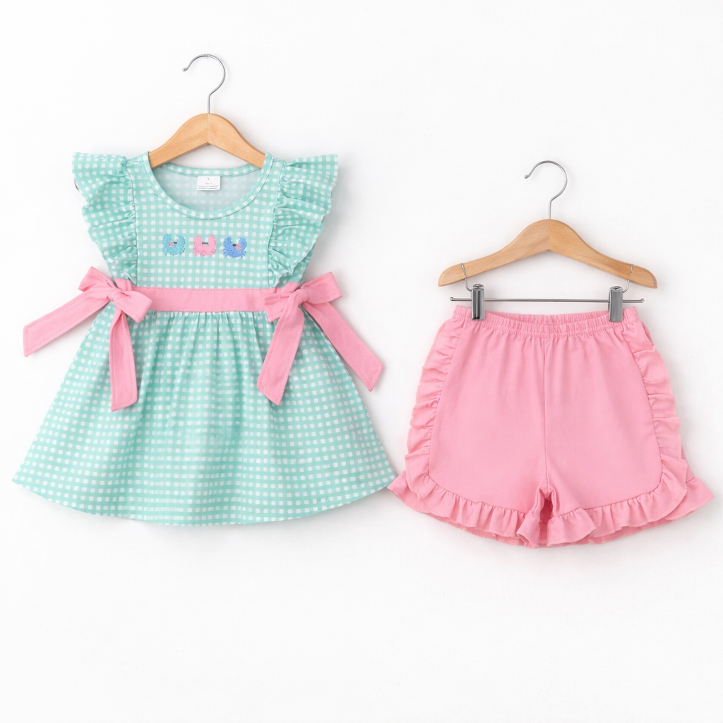 Girls crab plaid summer shorts set ￼