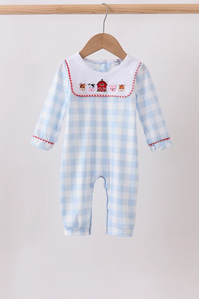 Blue Farm Embroidery Gingham Romper Boy's