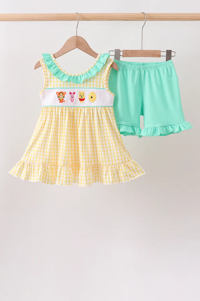 Girl's Pooh Bear Embroidered 2pc Shirt + Ruffle Shorts Set