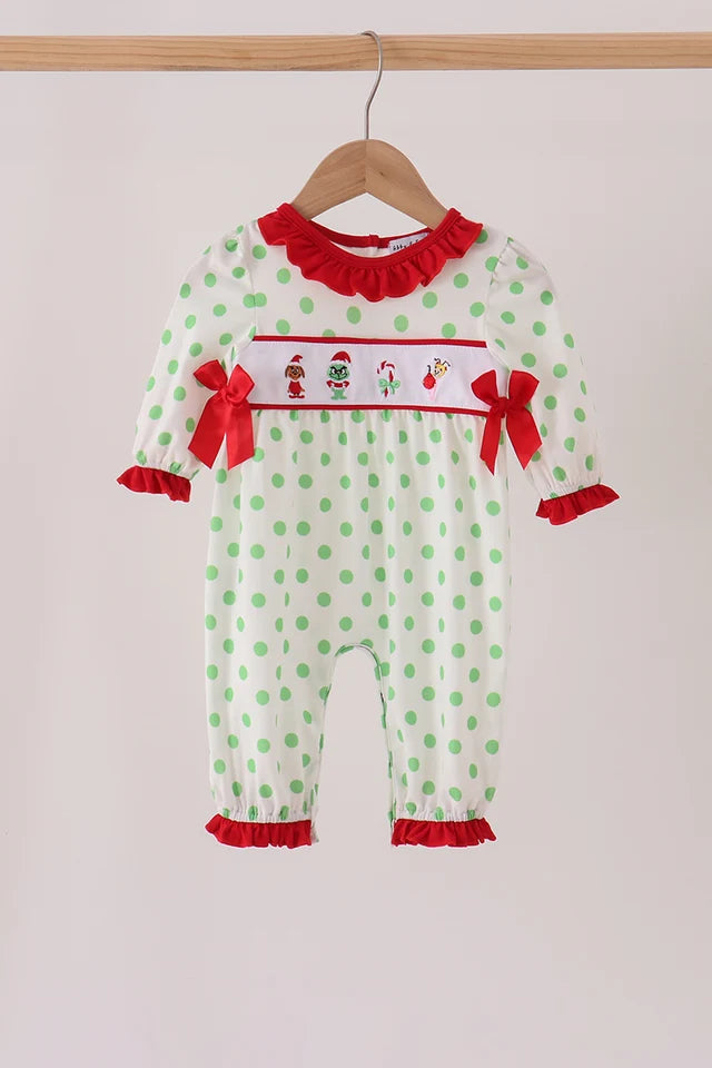 Green grinch embroidery ruffle dot romper Girl's Christmas character
