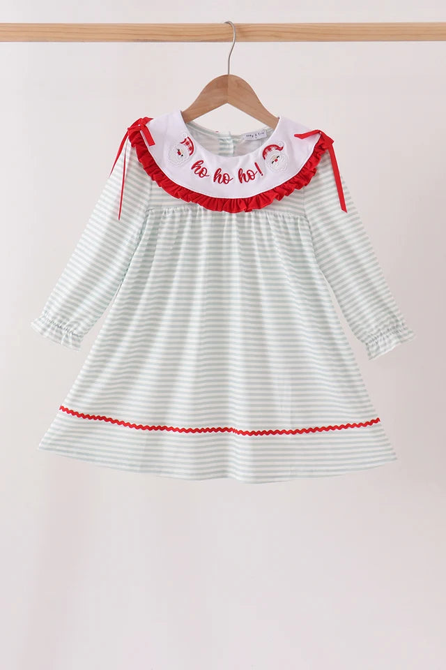 Sage santa applique gingham ruffle stripe dress Girl's Christmas