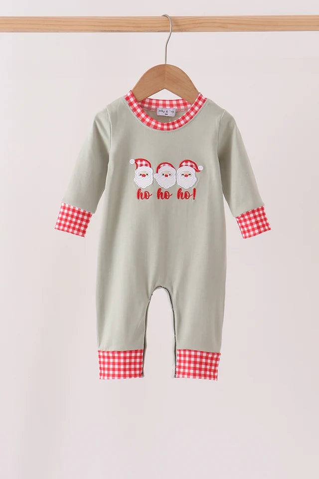 Sage santa applique gingham romper Boy's Christmas