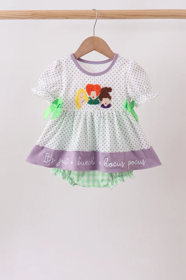 Purple Hocus pocus french knot ruffle bubble Girl
