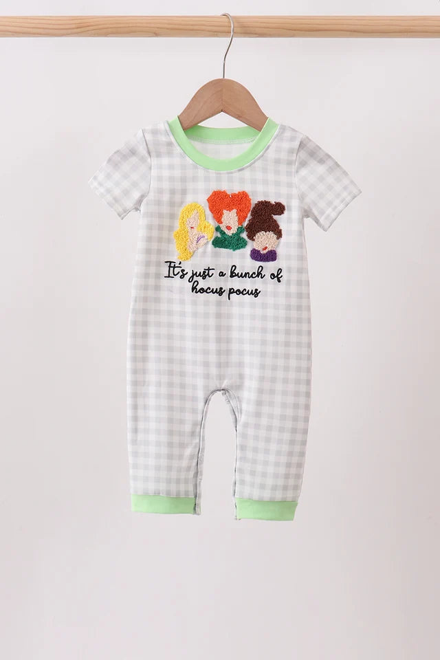 Green Hocus pocus french knot gingham romper Boy Jon Jon