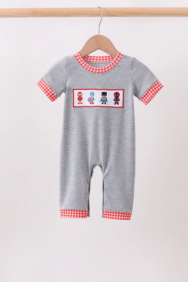 Grey character embroidery romper Boy superhero jon jon