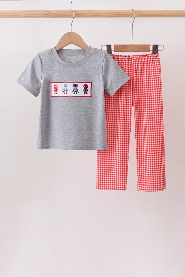 Grey character embroidery gingham pants set Boy Superhero