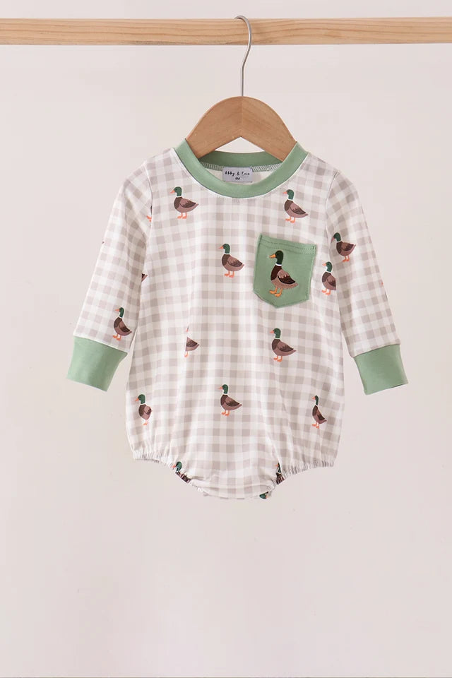 Green Duck Embroidery Gingham Pocket Bubble Boy