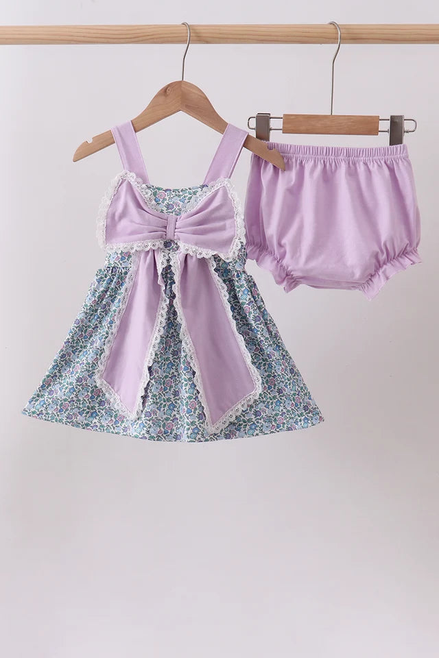 Purple floral print bow bloomer set Girl