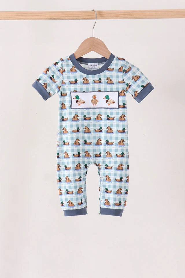 Blue mallard duck embroidery romper Boy Plaid