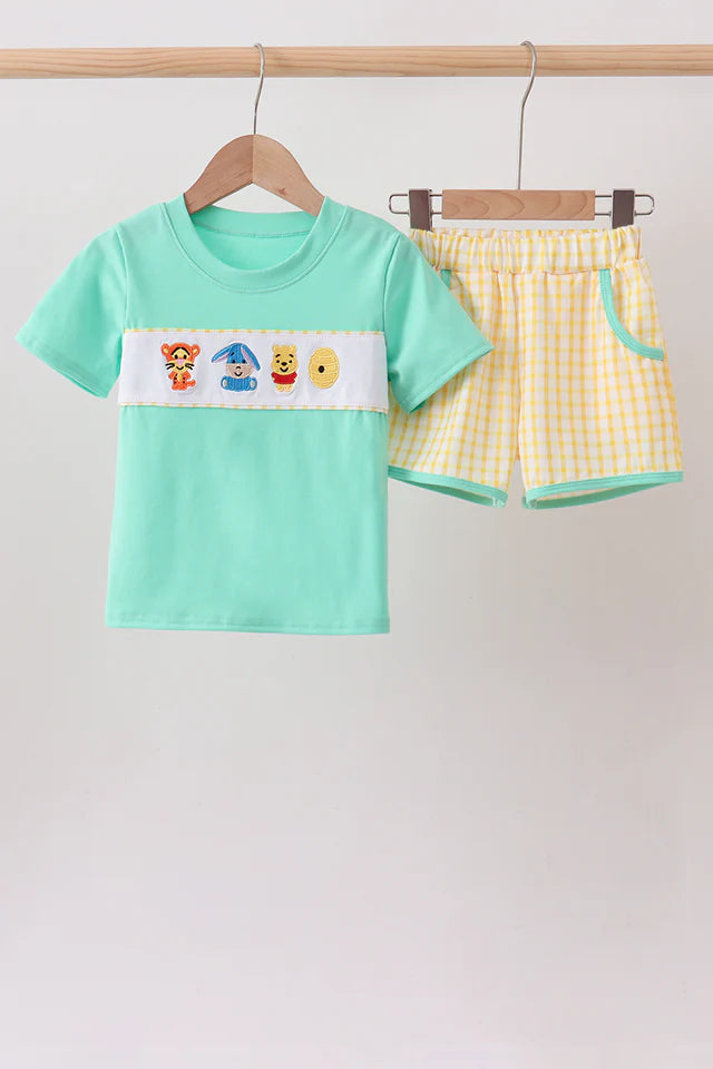 Boy's Yellow Pooh Bear Embroidered Character Shirt + Shorts Set