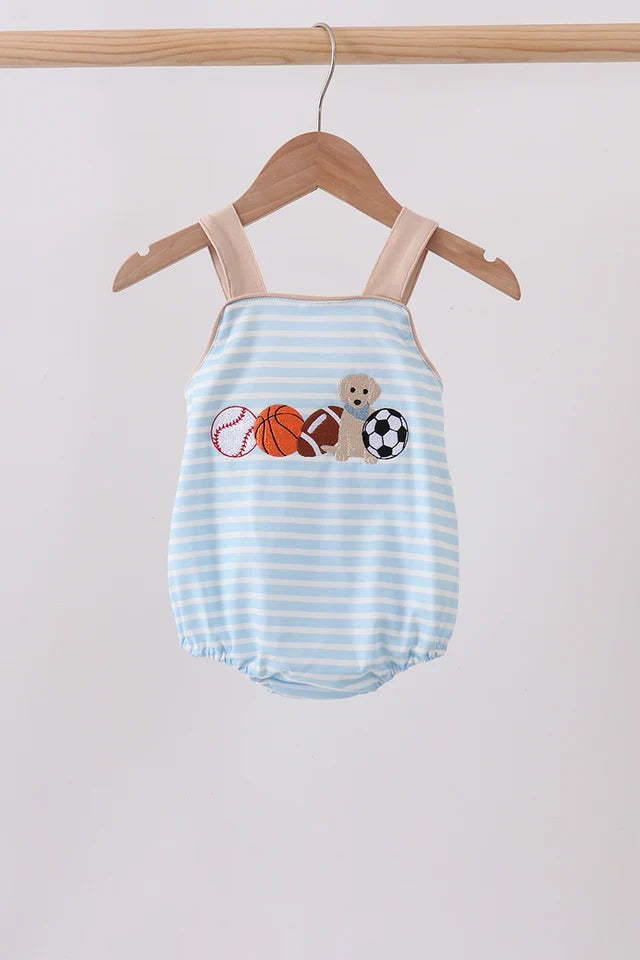 Blue Puppy Ball Embroidered Stripe Bubble Boy