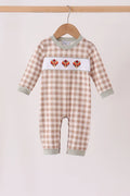 Brown turkey embroidery gingham romper Boy Thanksgiving