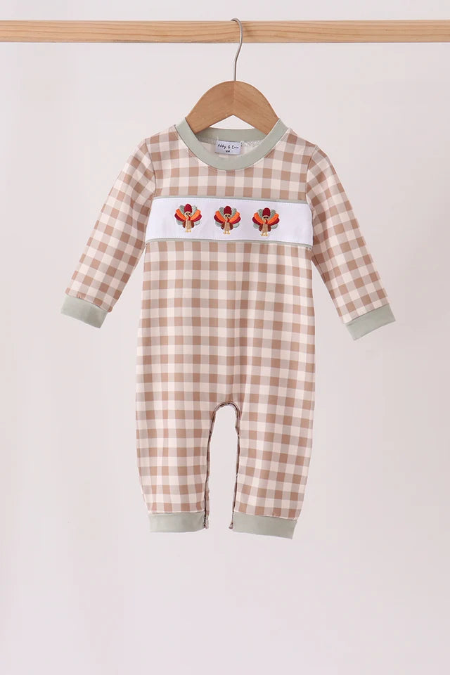 Brown turkey embroidery gingham romper Boy Thanksgiving